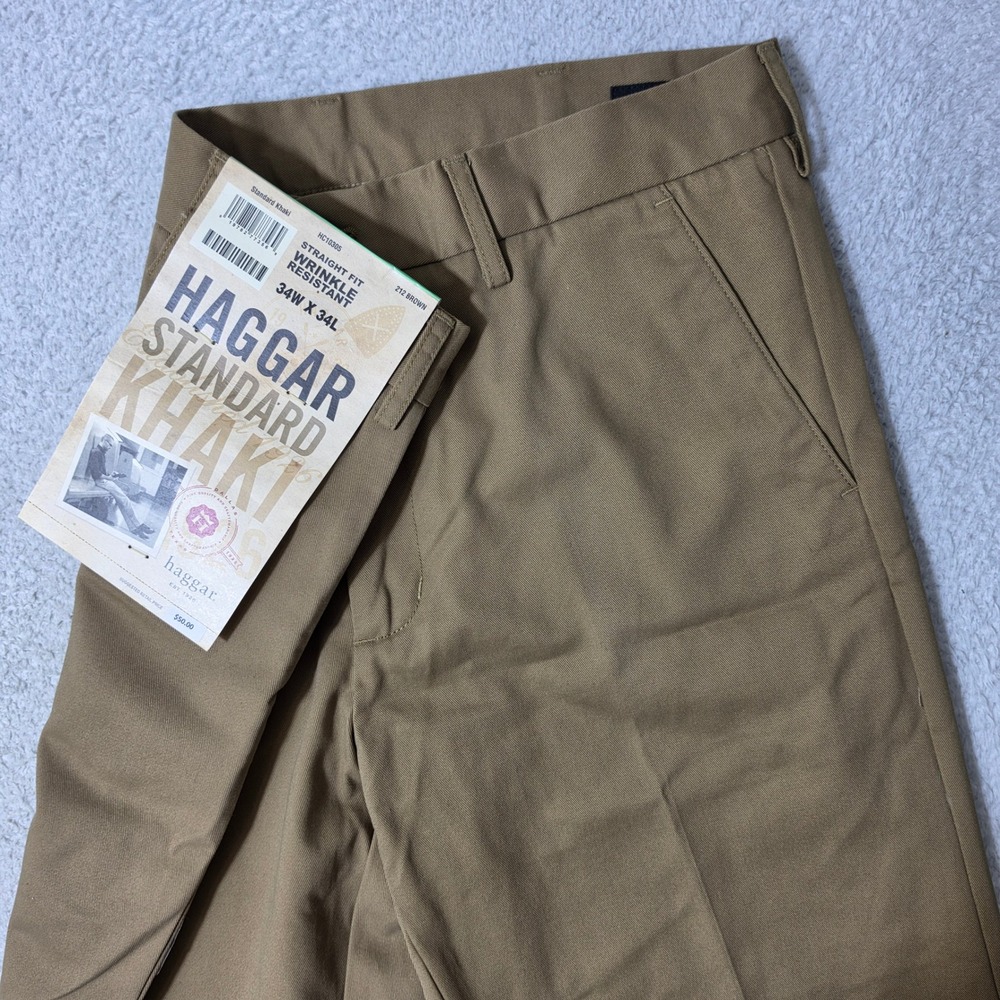 NEW! Haggar Standard Khaki Pants Mens 34/34 Brown Straight Fit Wrinkle Resistant